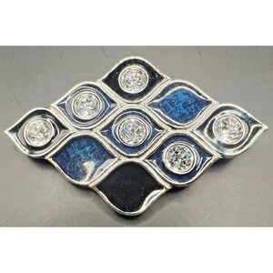 Vintage Monet Black Navy Blue Enamel Silvertone Rhinestone Brooch Geometric 2.5"